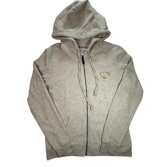 True Religion Gold Logo Full Zip Hoodie Sweatshirt Light Heather Oatmeal Size M - Picture 1 of 15